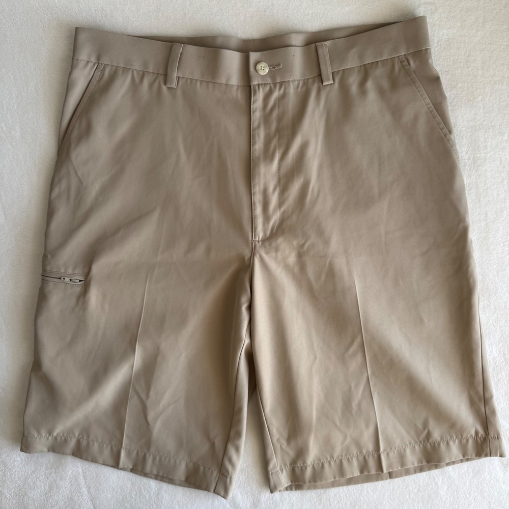 Grand Slam Golf Men's Shorts 34 Flat Front Tan Beige Brown Polyester Lightweight